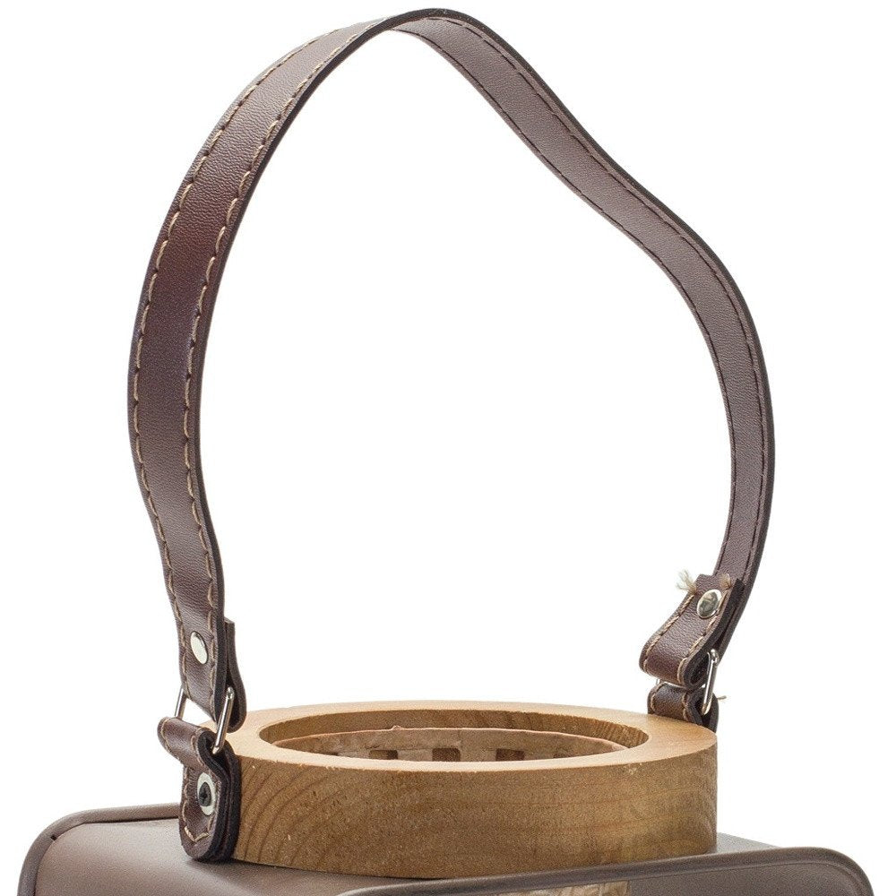 7" Natural And Brown Distressed Lattice Iron And Wood Tabletop Lantern Candle Holder