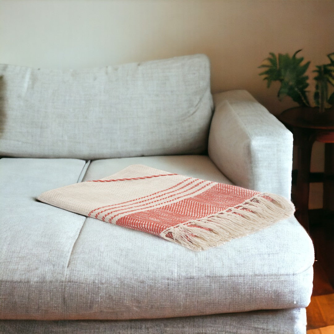 60" X 50" Red Woven Cotton Striped Throw Blanket with Fringe