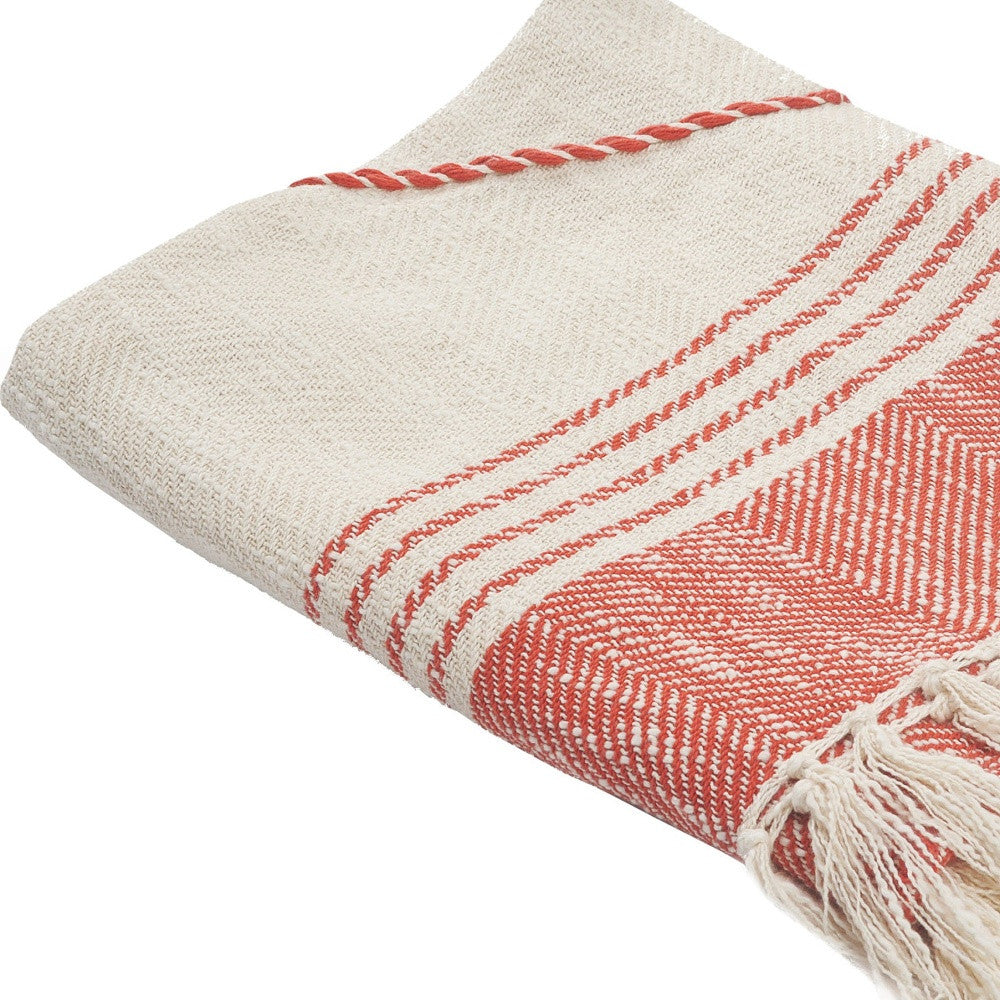 60" X 50" Red Woven Cotton Striped Throw Blanket with Fringe