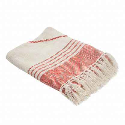 60" X 50" Red Woven Cotton Striped Throw Blanket with Fringe