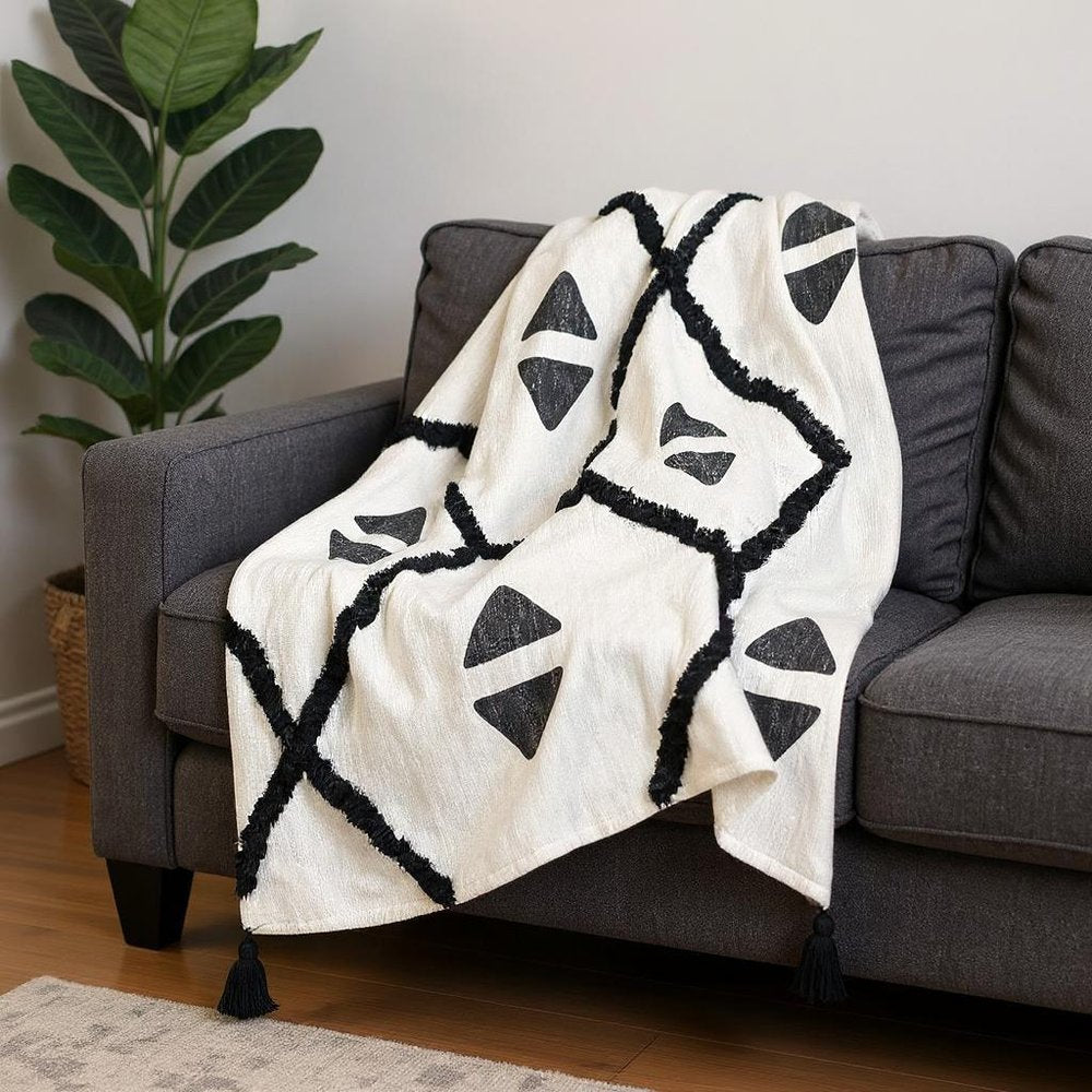 50" X 60" Black and White Woven Cotton Geometric Throw Blanket with Tassels