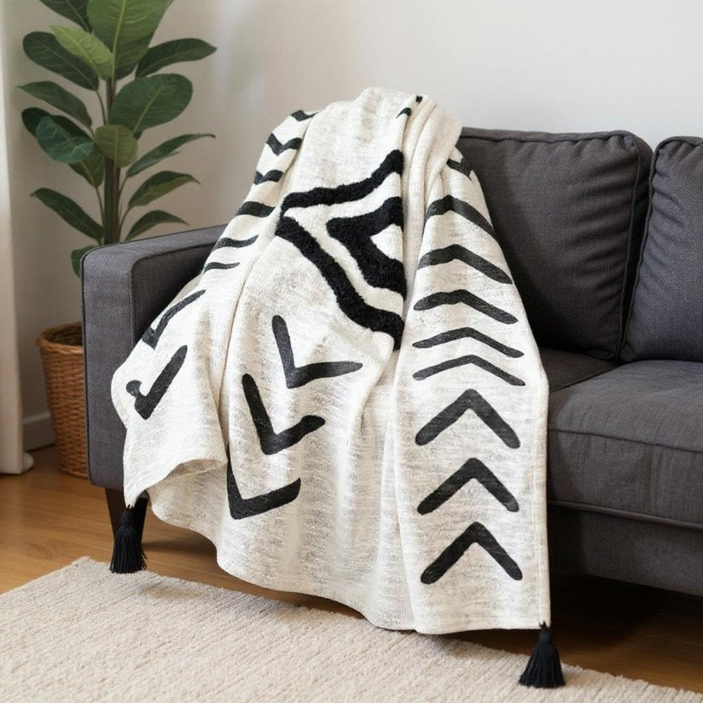 50" X 60" Black and White Woven Cotton Geometric Throw Blanket with Tassels