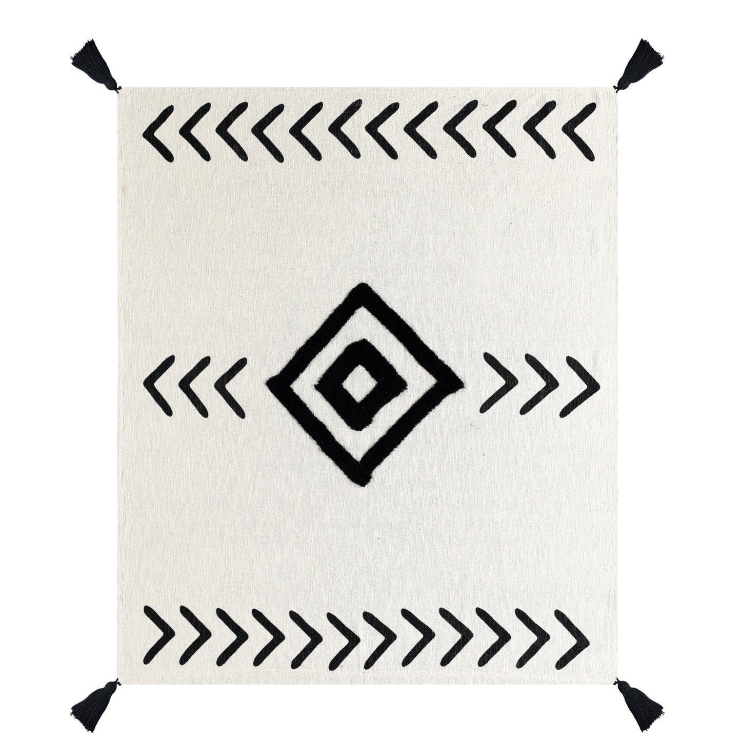 50" X 60" Black and White Woven Cotton Geometric Throw Blanket with Tassels