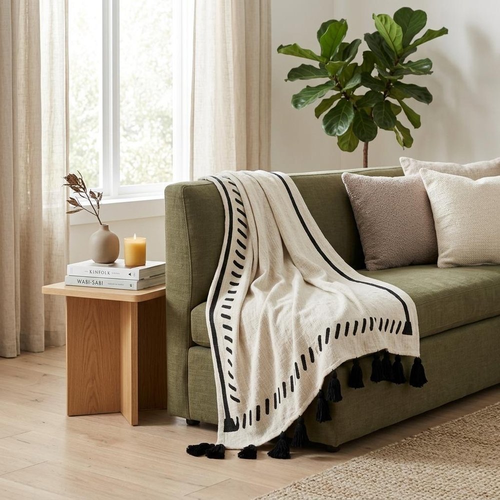 50" X 60" Black and White Woven Cotton Geometric Throw Blanket with Tassels