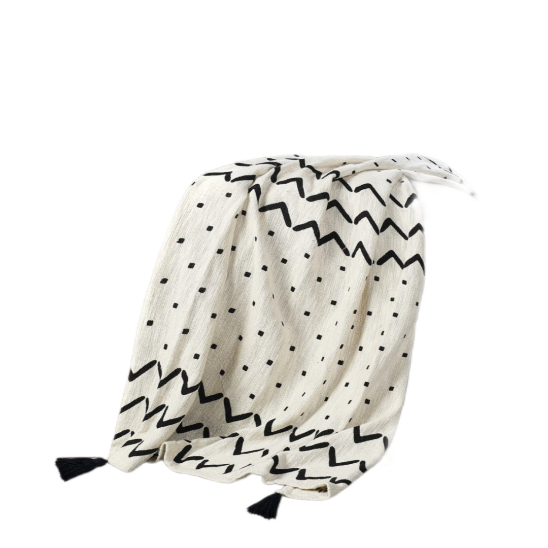 50" X 60" Black and White Woven Cotton Chevron Throw Blanket with Tassels