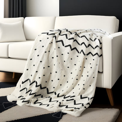 50" X 60" Black and White Woven Cotton Chevron Throw Blanket with Tassels