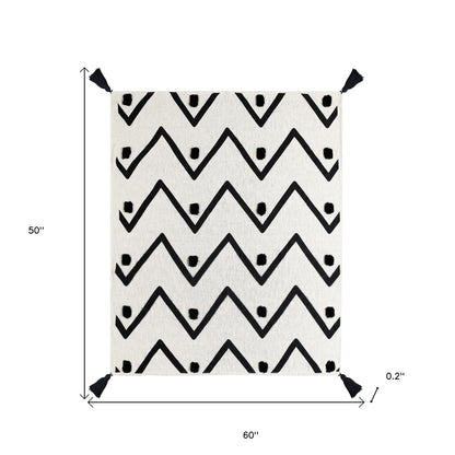 50" X 60" Black and White Woven Cotton Chevron Throw Blanket with Tassels