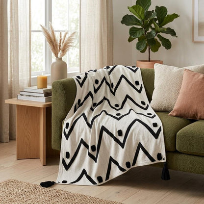 50" X 60" Black and White Woven Cotton Chevron Throw Blanket with Tassels
