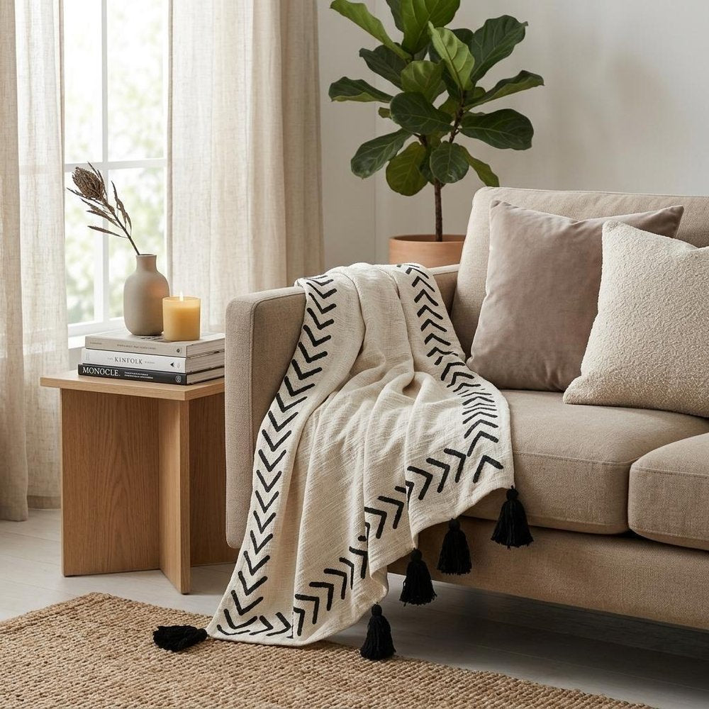 Black and White Woven Cotton Striped Throw Blanket