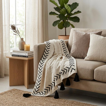 Black and White Woven Cotton Striped Throw Blanket