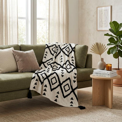 60" X 50" Black and White Woven Cotton Geometric Throw Blanket with Tassels