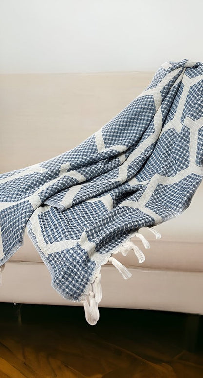 60" X 50" Yellow Woven Cotton Geometric Throw Blanket with Fringe