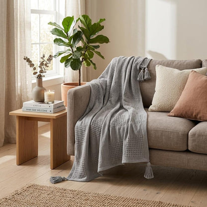 50" X 60" Blue Woven Cotton Throw Blanket with Tassels