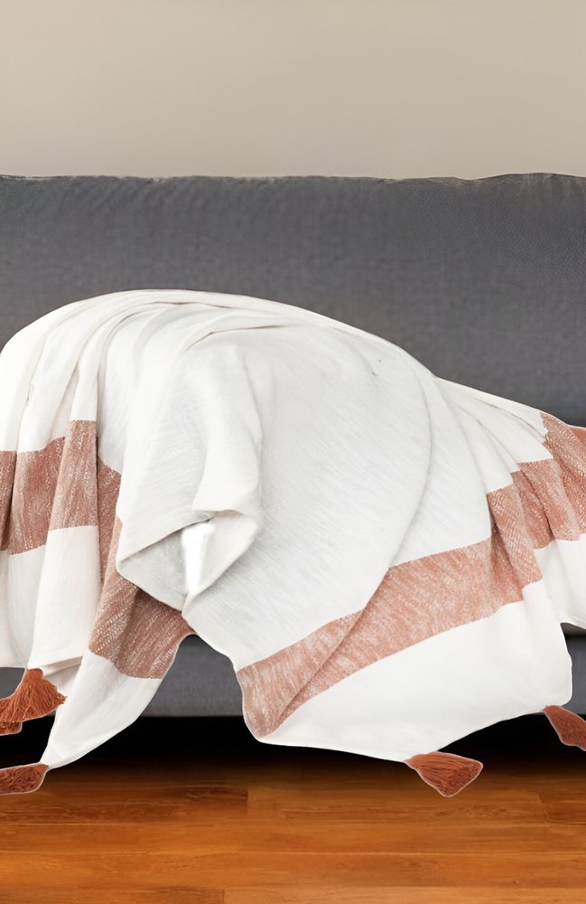 50" X 60" Yellow Woven Cotton Striped Throw Blanket with Tassels