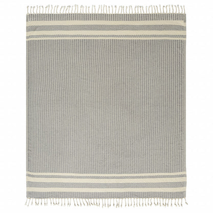 50" X 60" Blue and White Woven Cotton Striped Throw Blanket with Fringe