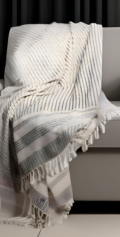 50" X 60" Blue and White Woven Cotton Striped Throw Blanket with Fringe