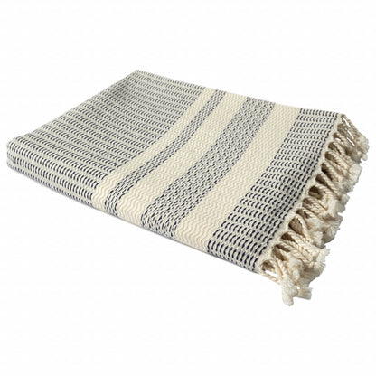 50" X 60" Blue and White Woven Cotton Striped Throw Blanket with Fringe