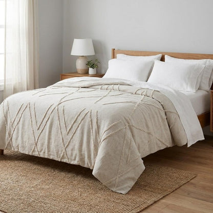 Ivory Geometric Queen Cotton Coverlet With Fringe