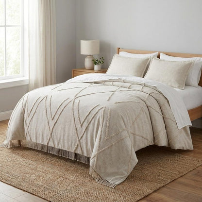 Ivory Geometric Queen Cotton Coverlet With Fringe
