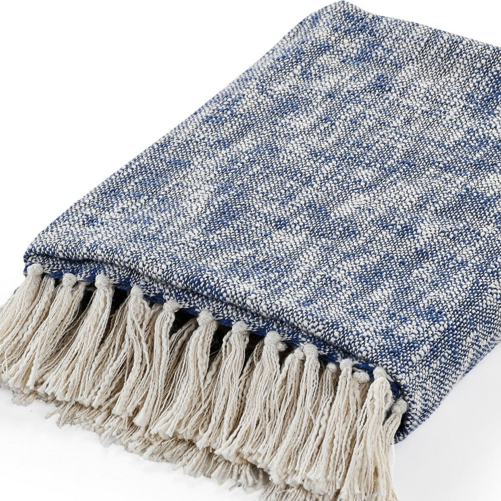 50" X 60" Blue and White Woven Cotton Throw Blanket with Fringe