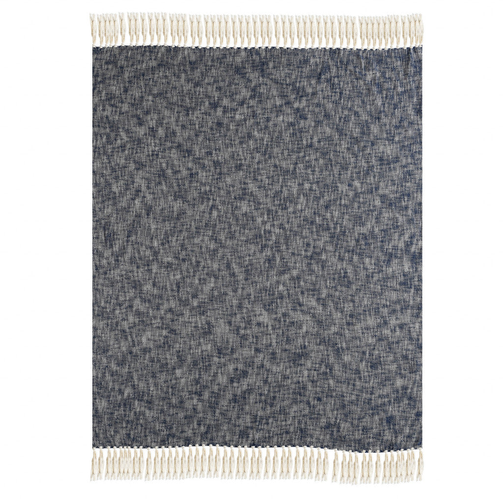 50" X 60" Blue and White Woven Cotton Throw Blanket with Fringe