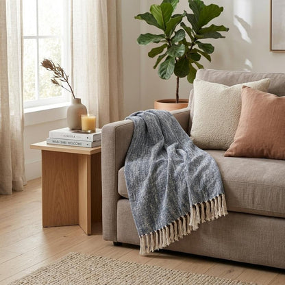 50" X 60" Blue and White Woven Cotton Throw Blanket with Fringe