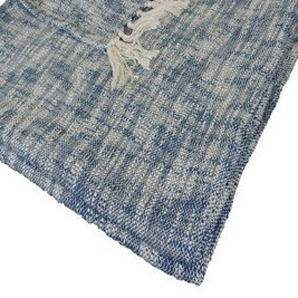 50" X 60" Blue and White Woven Cotton Throw Blanket with Fringe