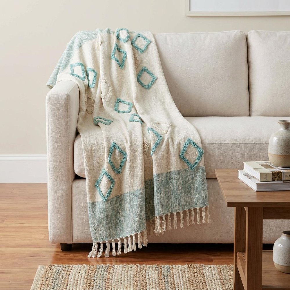 50" X 60" Aqua And Off White Cotton Woven Geometric Throw Blanket with Fringe