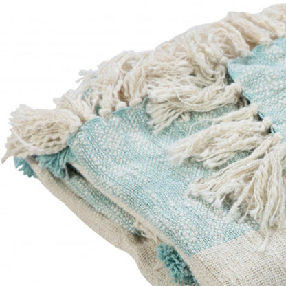 50" X 60" Aqua And Off White Cotton Woven Geometric Throw Blanket with Fringe