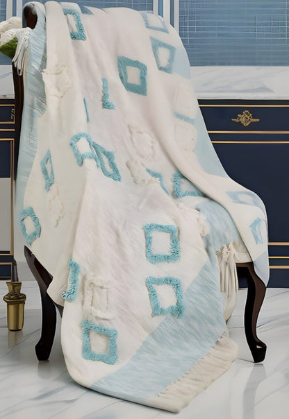 50" X 60" Aqua And Off White Cotton Woven Geometric Throw Blanket with Fringe