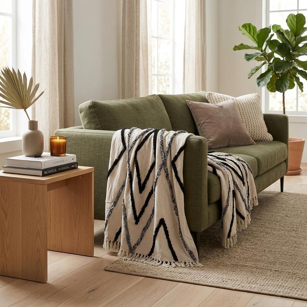 60" X 50" Cream Woven Cotton Geometric Throw Blanket with Fringe