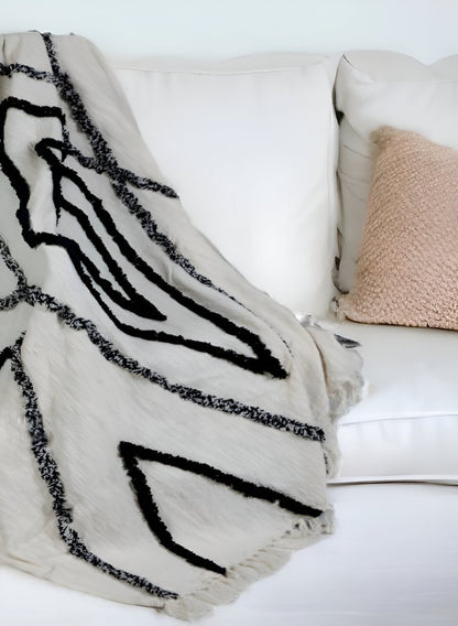 60" X 50" Cream Woven Cotton Geometric Throw Blanket with Fringe