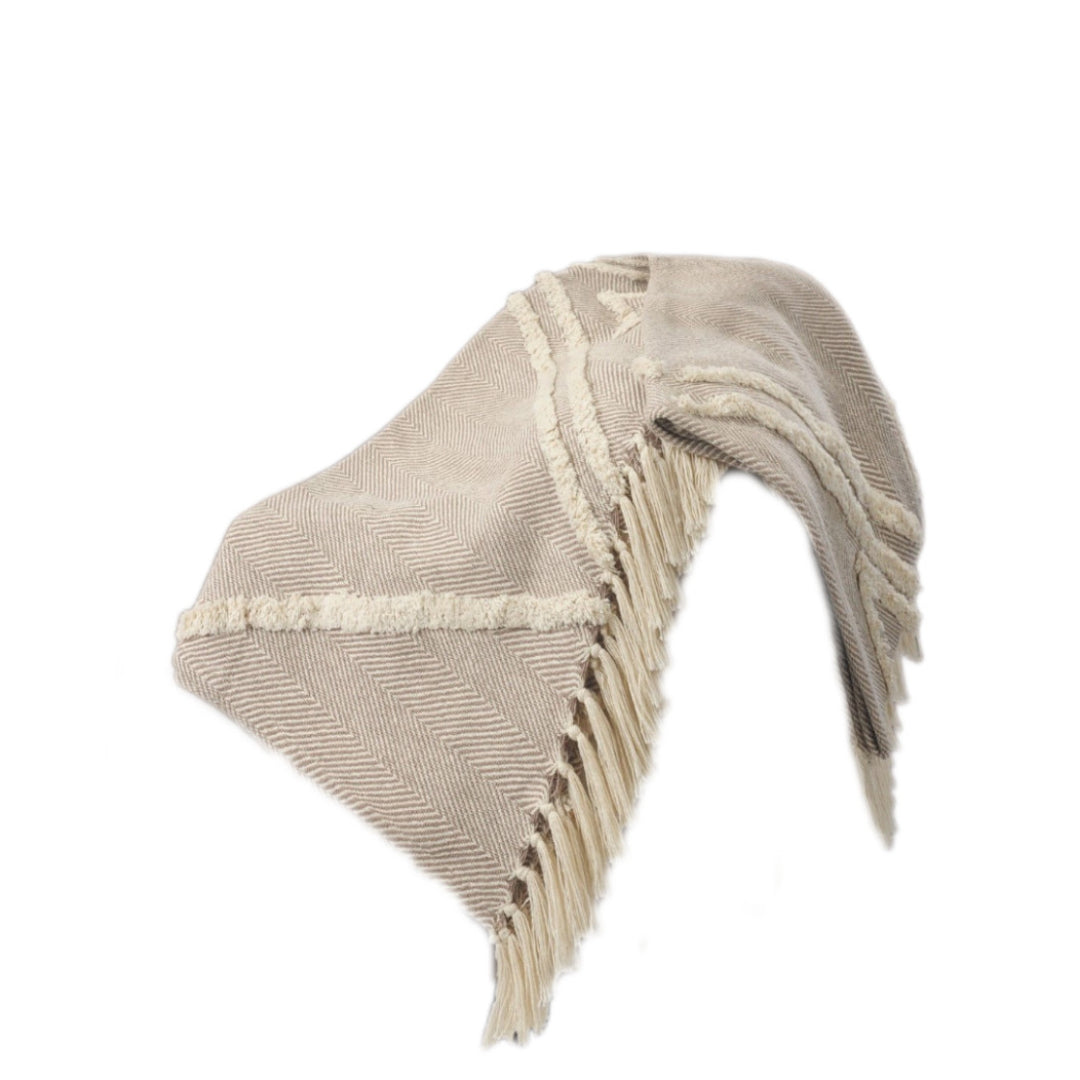 60" X 50" Cream Woven Cotton Herringbone Throw Blanket with Fringe