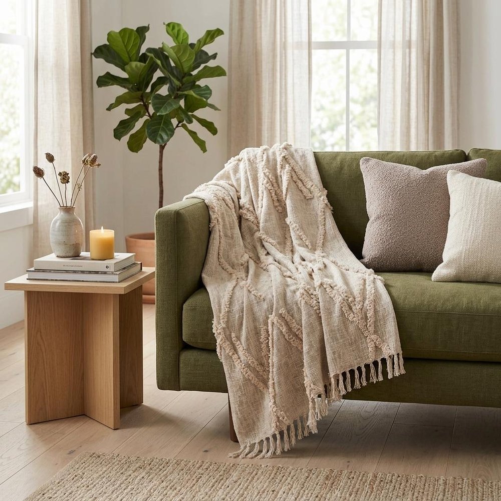 60" X 50" Beige Woven Cotton Geometric Throw Blanket with Fringe
