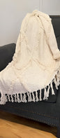 60" X 50" Beige Woven Cotton Geometric Throw Blanket with Fringe