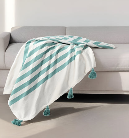 50" X 60" Blue and White Woven Cotton Striped Throw Blanket with Tassels