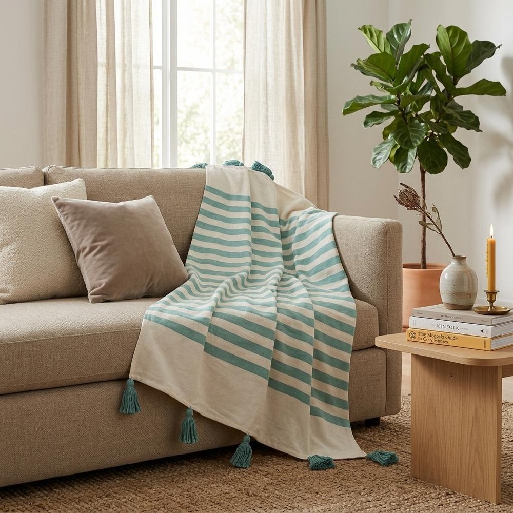 50" X 60" Blue and White Woven Cotton Striped Throw Blanket with Tassels