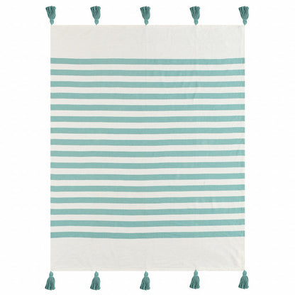 50" X 60" Blue and White Woven Cotton Striped Throw Blanket with Tassels