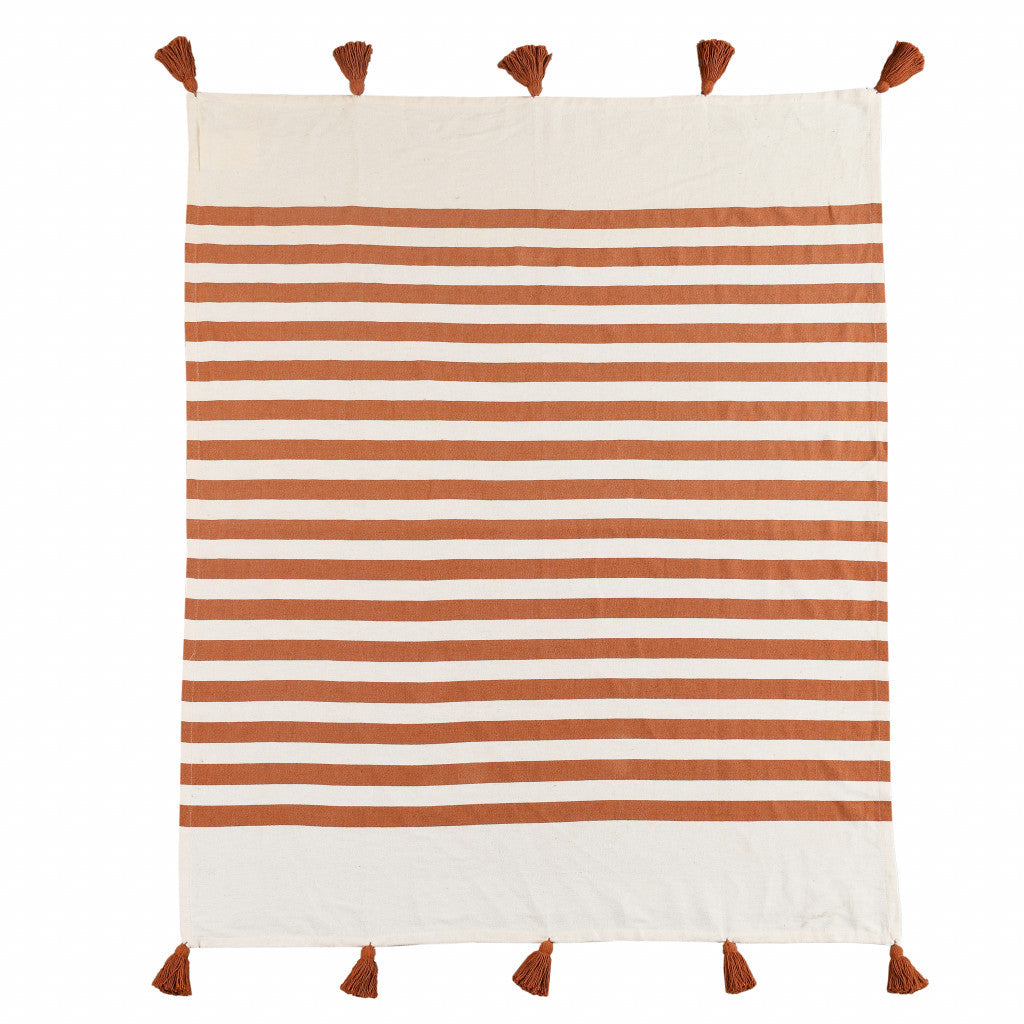 50" X 60" Orange Woven Cotton Striped Throw Blanket with Tassels