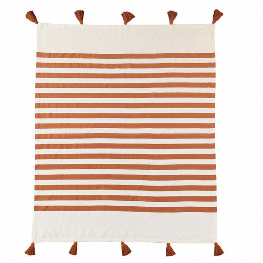 50" X 60" Blue and White Woven Cotton Striped Throw Blanket with Tassels