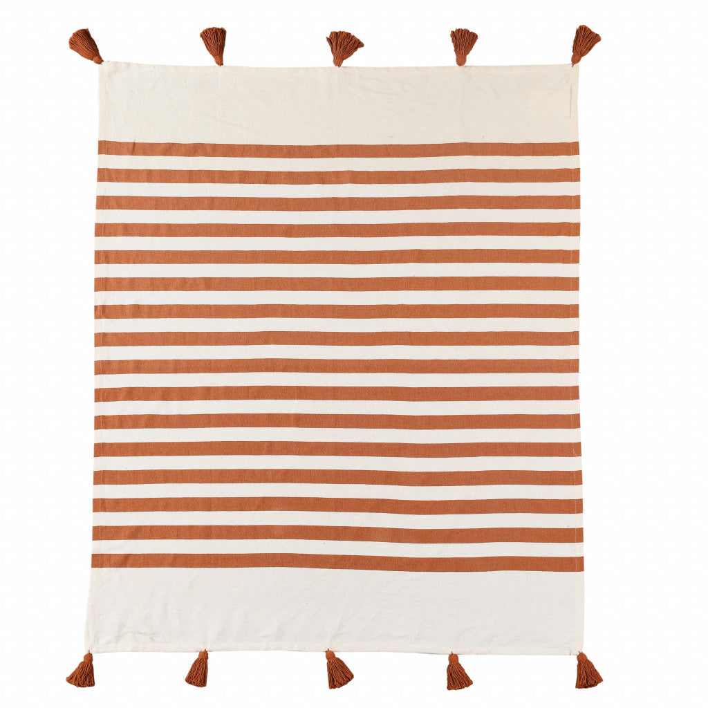 50" X 60" Orange Woven Cotton Striped Throw Blanket with Tassels