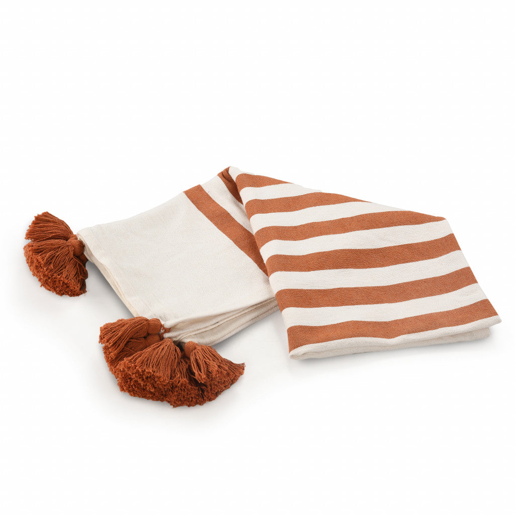 50" X 60" Orange Woven Cotton Striped Throw Blanket with Tassels