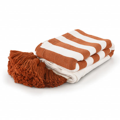 50" X 60" Orange Woven Cotton Striped Throw Blanket with Tassels