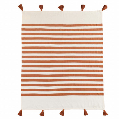 50" X 60" Orange Woven Cotton Striped Throw Blanket with Tassels