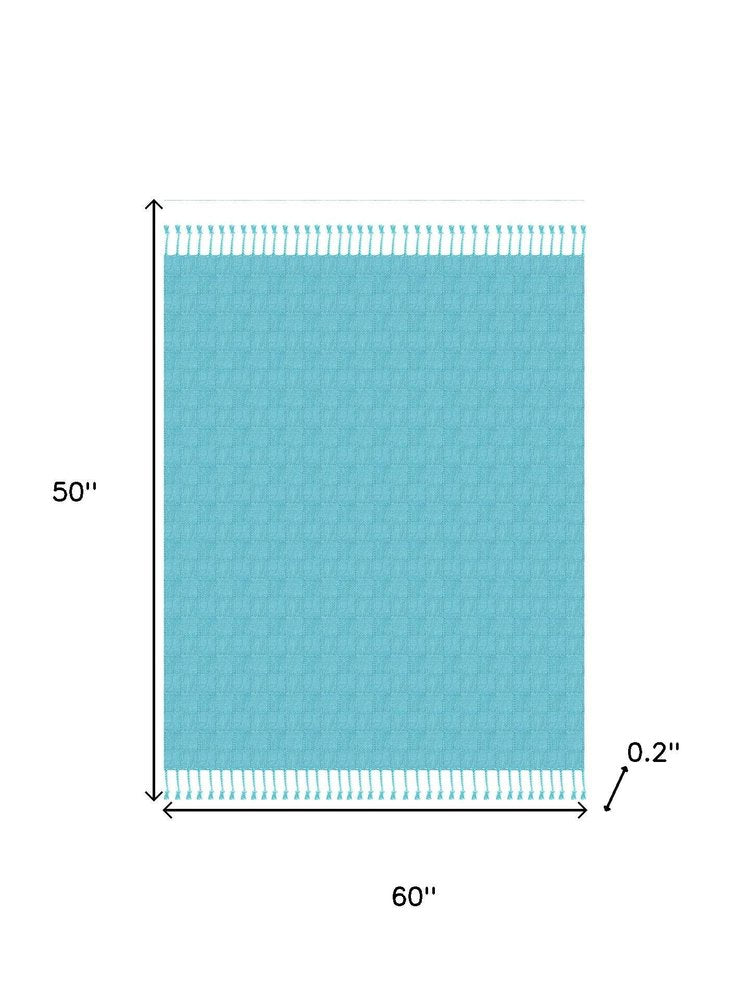 50" X 60" Blue Woven Cotton Throw Blanket with Fringe