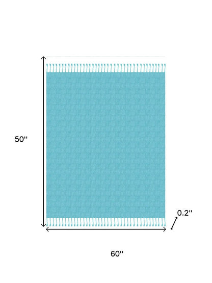 50" X 60" Blue Woven Cotton Throw Blanket with Fringe