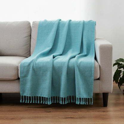 50" X 60" Blue Woven Cotton Throw Blanket with Fringe