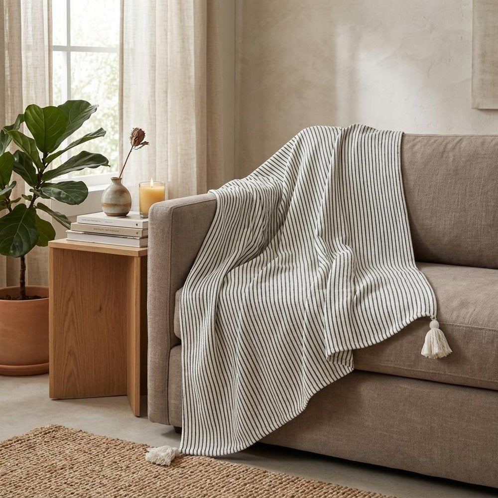 50" X 60" Black and White Woven Cotton Striped Throw Blanket with Tassels
