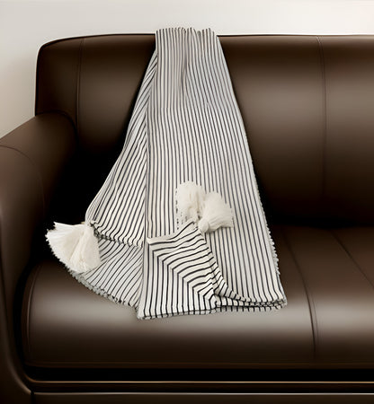 50" X 60" Brown and White Woven Cotton Striped Throw Blanket with Tassels