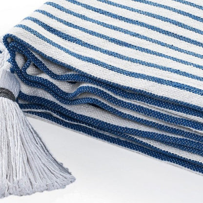 50" X 60" Blue and White Woven Cotton Striped Throw Blanket with Tassels